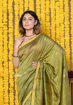 Very Much Indian Rajsi - Designed by VMI! High Quality Mul Cotton Handloom Woven Saree With Sleek Border in Green | Grocsy