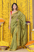 Very Much Indian Rajsi - Designed by VMI! High Quality Mul Cotton Handloom Woven Saree With Sleek Border in Green | Grocsy