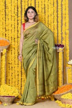 Very Much Indian Rajsi - Designed by VMI! High Quality Mul Cotton Handloom Woven Saree With Sleek Border in Green | Grocsy