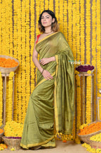 Very Much Indian Rajsi - Designed by VMI! High Quality Mul Cotton Handloom Woven Saree With Sleek Border in Green | Grocsy