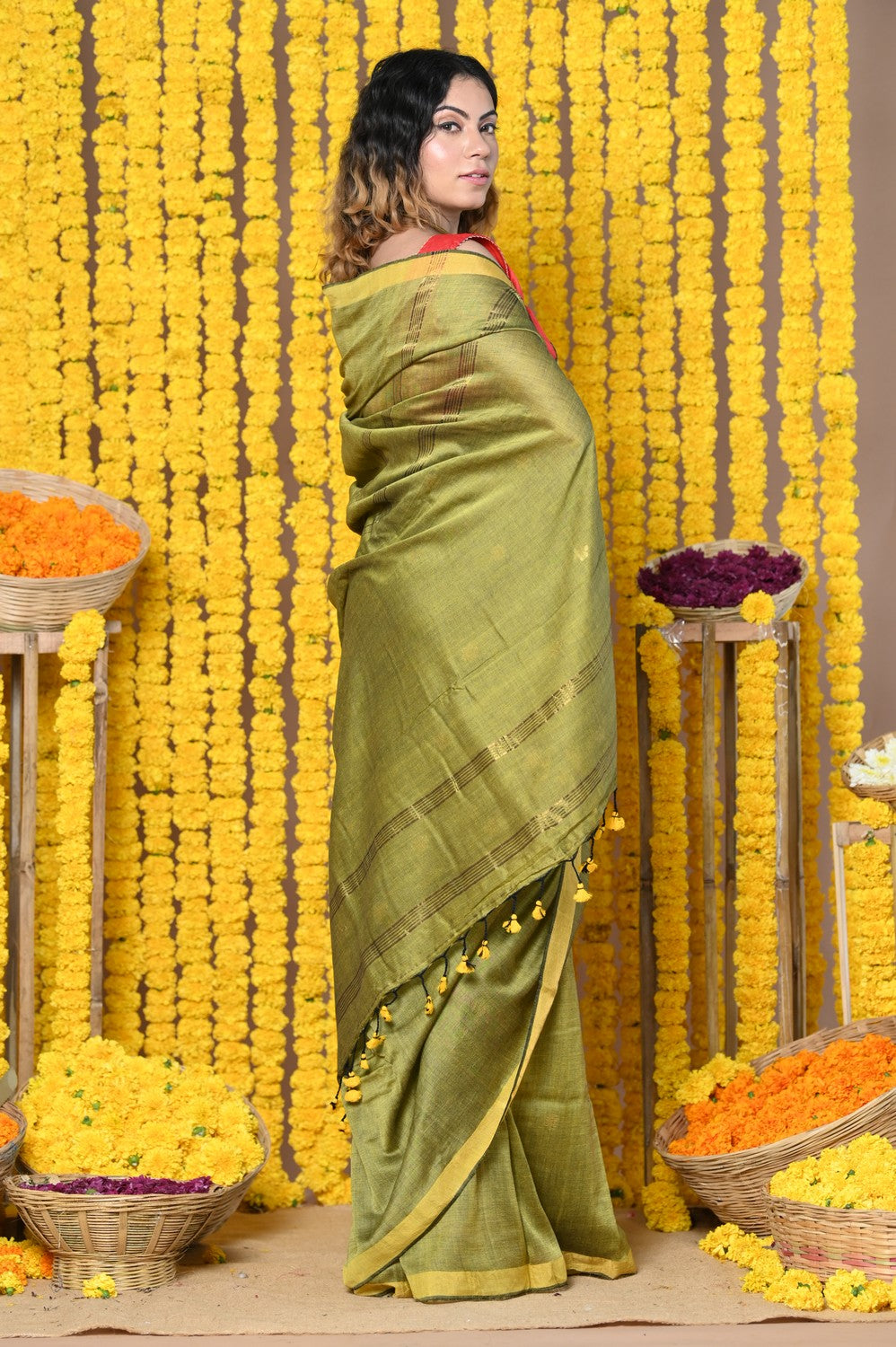 Very Much Indian Rajsi - Designed by VMI! High Quality Mul Cotton Handloom Woven Saree With Sleek Border in Green | Grocsy