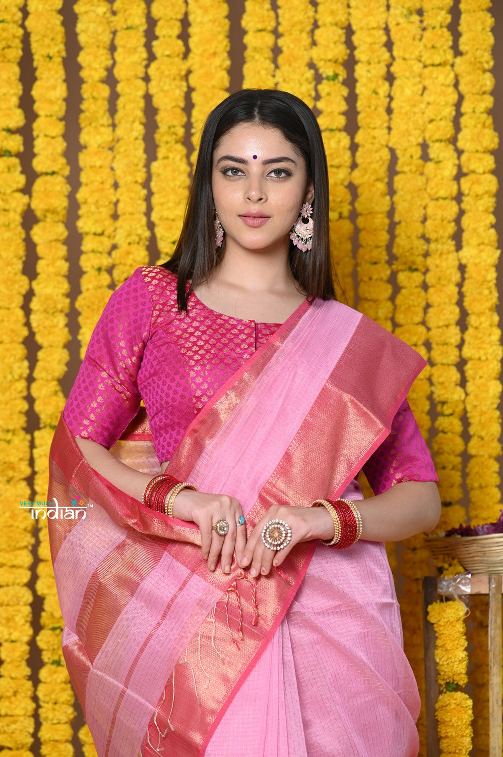 Very Much Indian Rajsi - Handloom Ari Checks Cotton Silk Saree with Golden Border in Pink | Grocsy