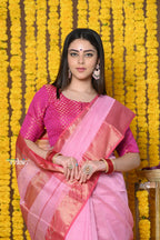Very Much Indian Rajsi - Handloom Ari Checks Cotton Silk Saree with Golden Border in Pink | Grocsy