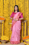 Very Much Indian Rajsi - Handloom Ari Checks Cotton Silk Saree with Golden Border in Pink | Grocsy