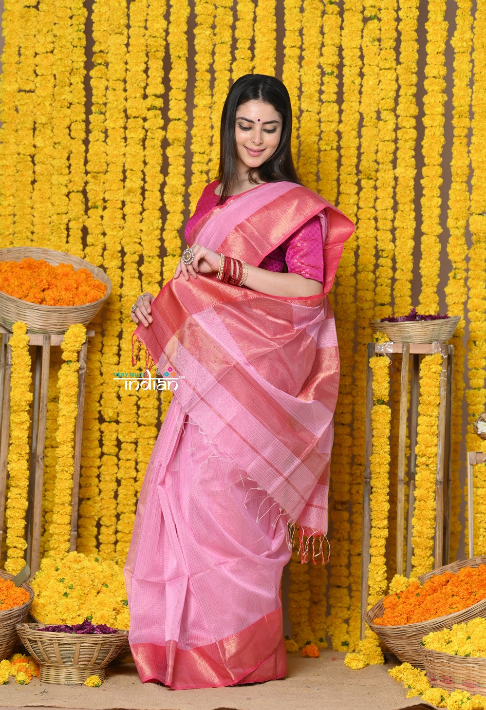 Very Much Indian Rajsi - Handloom Ari Checks Cotton Silk Saree with Golden Border in Pink | Grocsy