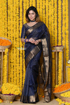 Very Much Indian Rajsi - Handloom Ari Checks Cotton Silk Saree with Golden Border in Indigo Blue | Grocsy