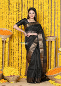 Very Much Indian Rajsi - Handloom Ari Checks Cotton Silk Saree with Golden Border in Black | Grocsy