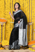 Very Much Indian Rajsi - Designer Linen Saree With Premium Sleek Silver Border in Black | Grocsy