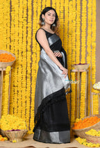 Very Much Indian Rajsi - Designer Linen Saree With Premium Sleek Silver Border in Black | Grocsy