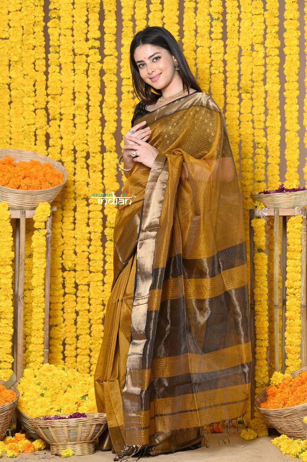 Very Much Indian Rajsi - Handloom Ari Checks Cotton Silk Saree with Golden Border in Yellow | Grocsy