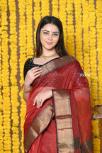 Very Much Indian Rajsi - Handloom Ari Checks Cotton Silk Saree with Golden Border in Maroon | Grocsy