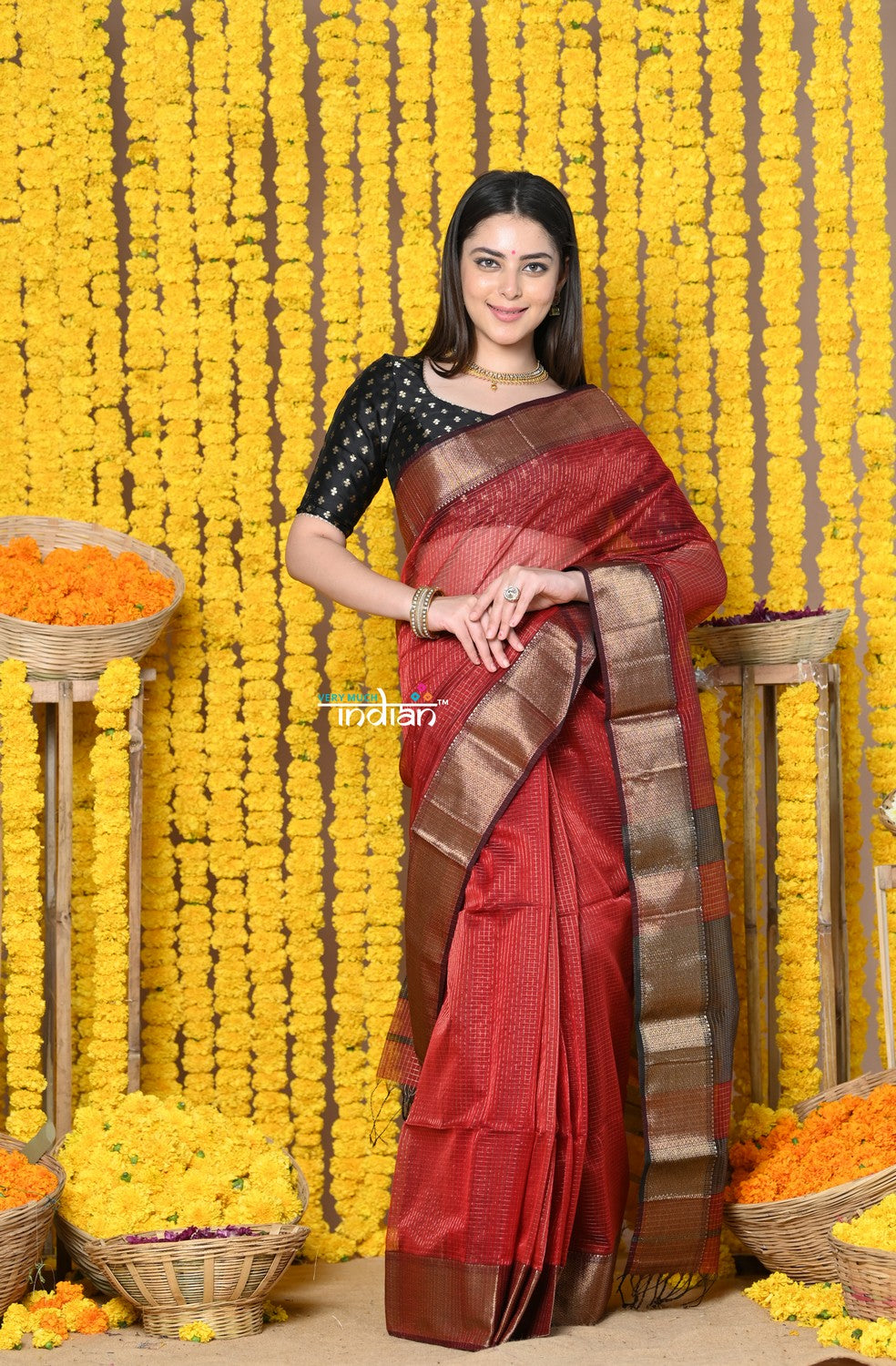 Very Much Indian Rajsi - Handloom Ari Checks Cotton Silk Saree with Golden Border in Maroon | Grocsy