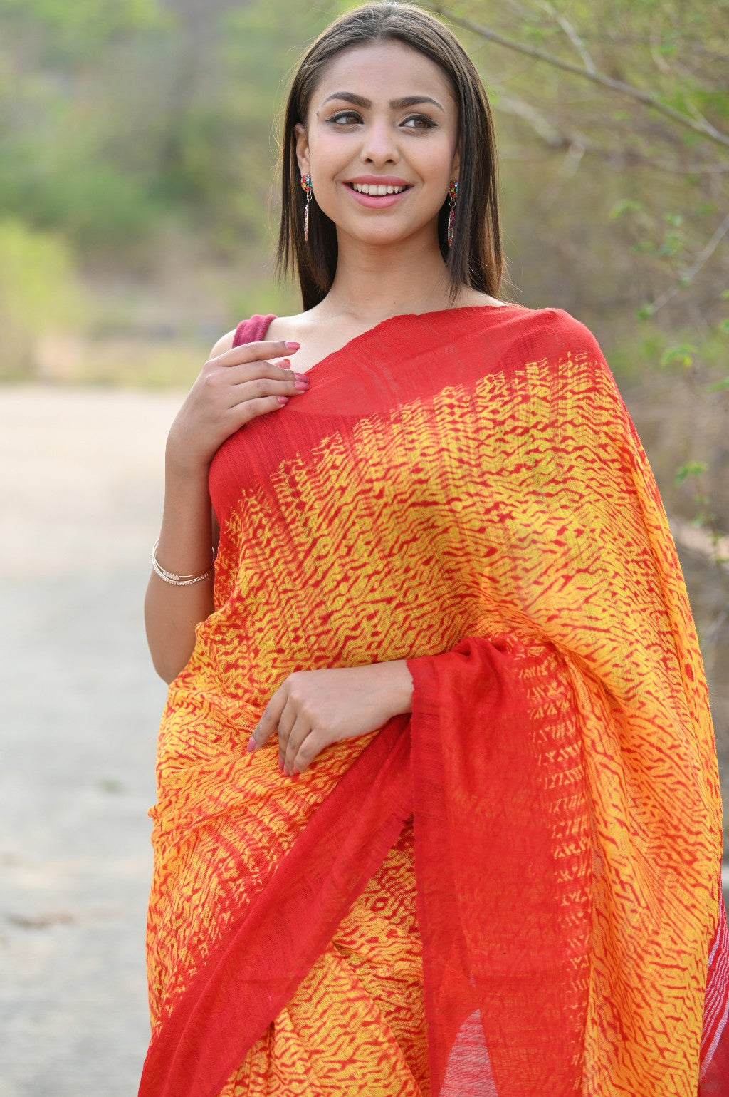 Very Much Indian Pure Matka Silk Handloom Jamdhani with Shibori Tie & Dye (with Silk Mark) - yellow | Grocsy