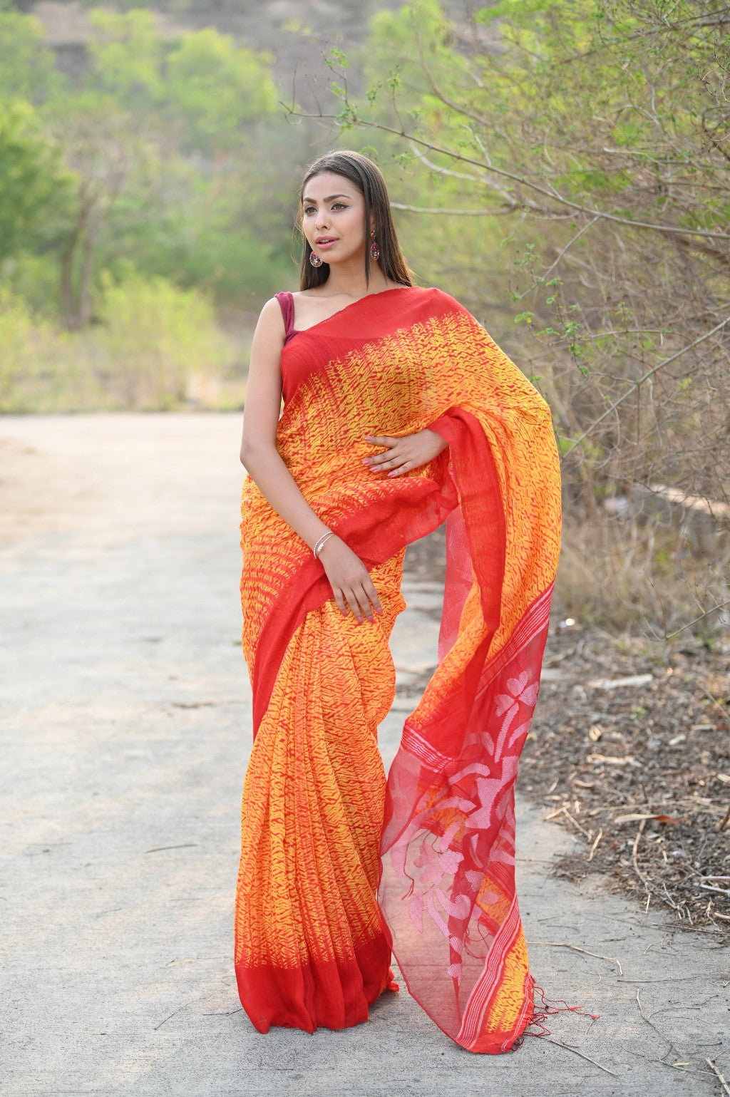 Very Much Indian Pure Matka Silk Handloom Jamdhani with Shibori Tie & Dye (with Silk Mark) - yellow | Grocsy