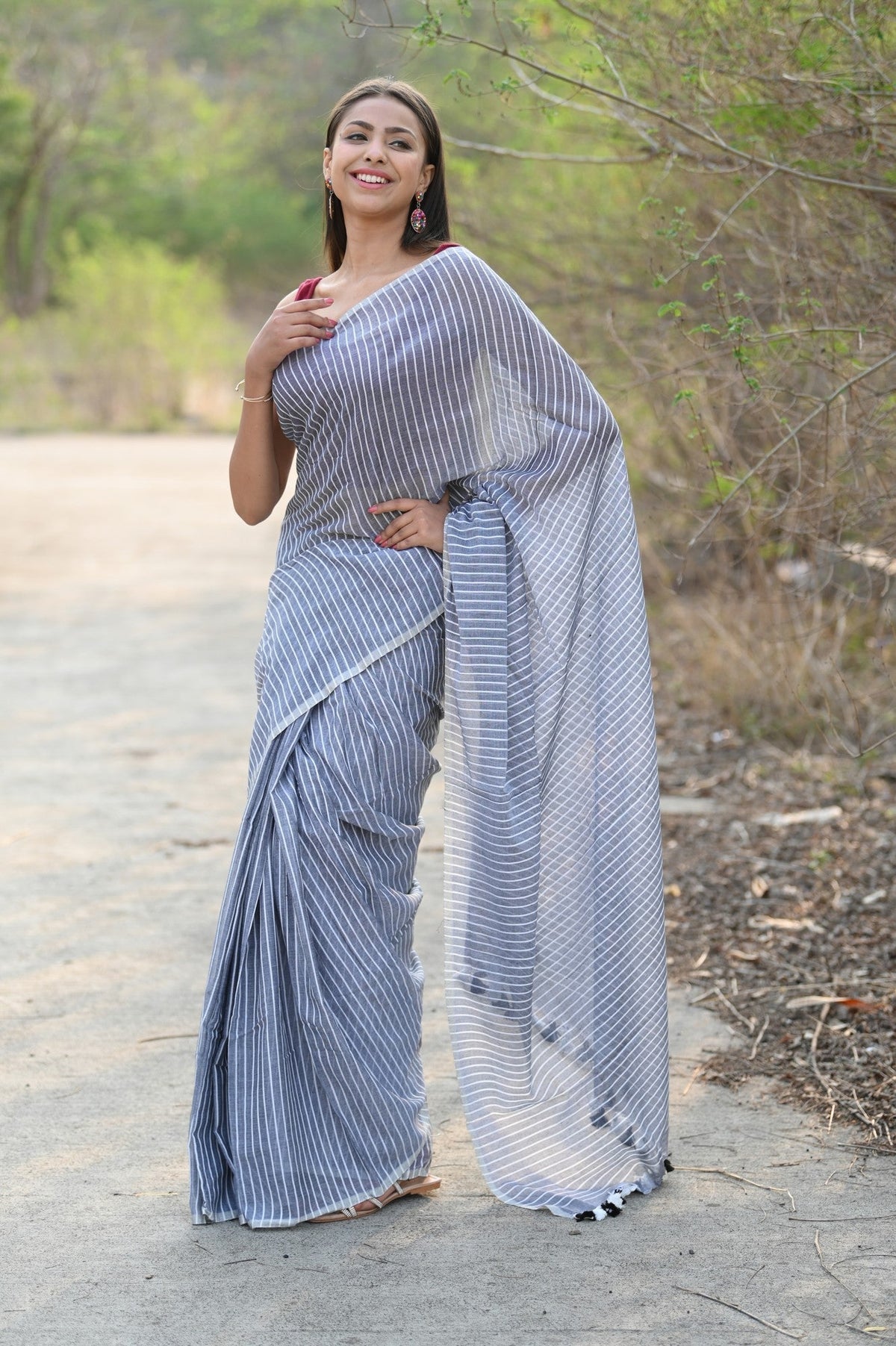 Very Much Indian Designer Pure Cotton Sarees with All over Linear Stripes - Sage Grey | Grocsy