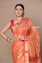 Very Much Indian Rajsi - Handloom Ari Checks Cotton Silk Saree with Golden Border in Orange | Grocsy