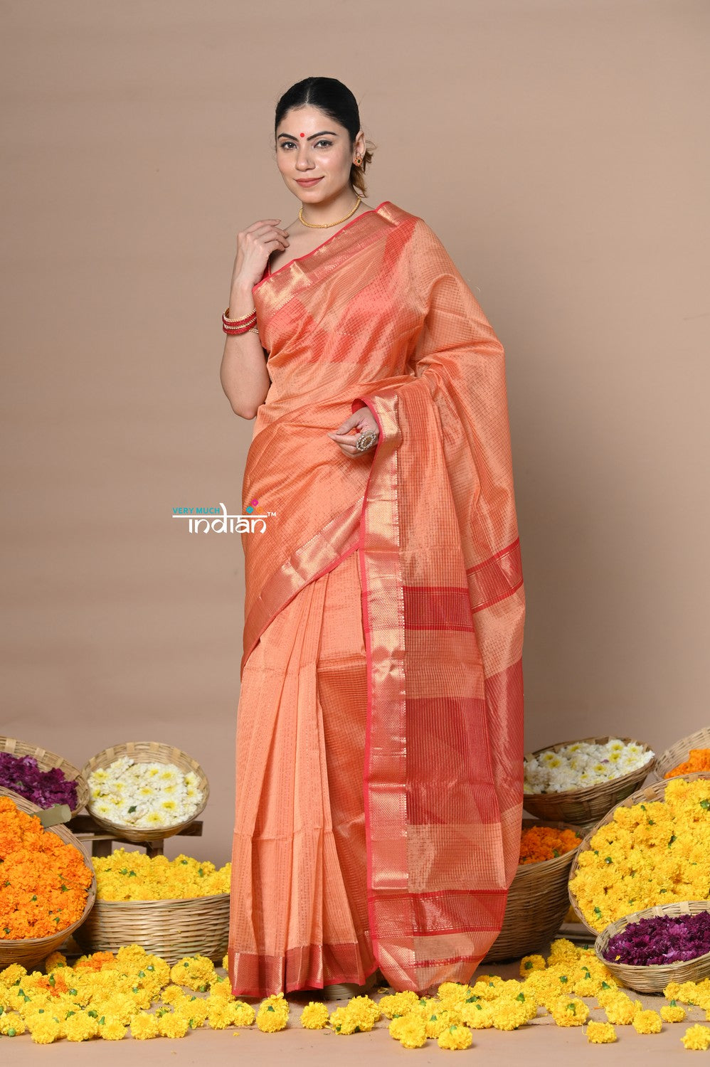 Very Much Indian Rajsi - Handloom Ari Checks Cotton Silk Saree with Golden Border in Orange | Grocsy