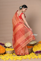 Very Much Indian Rajsi - Handloom Ari Checks Cotton Silk Saree with Golden Border in Orange | Grocsy