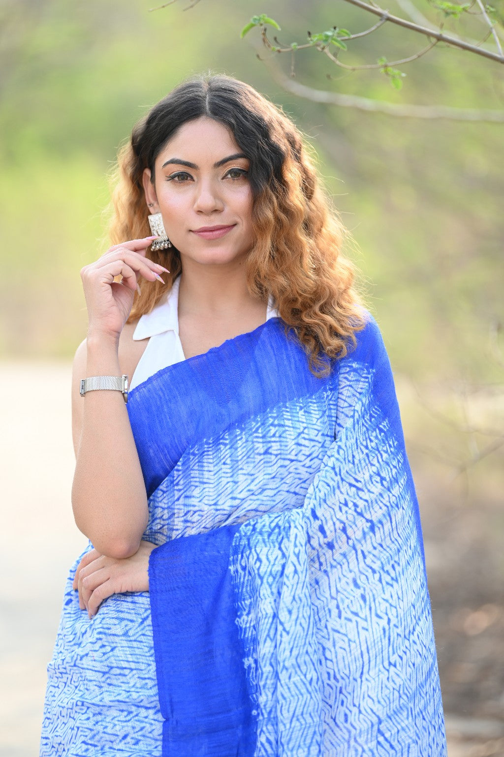 Very Much Indian Pure Matka Silk Handloom Jamdhani with Shibori Tie & Dye (with Silk Mark) - Cerulean Blue | Grocsy