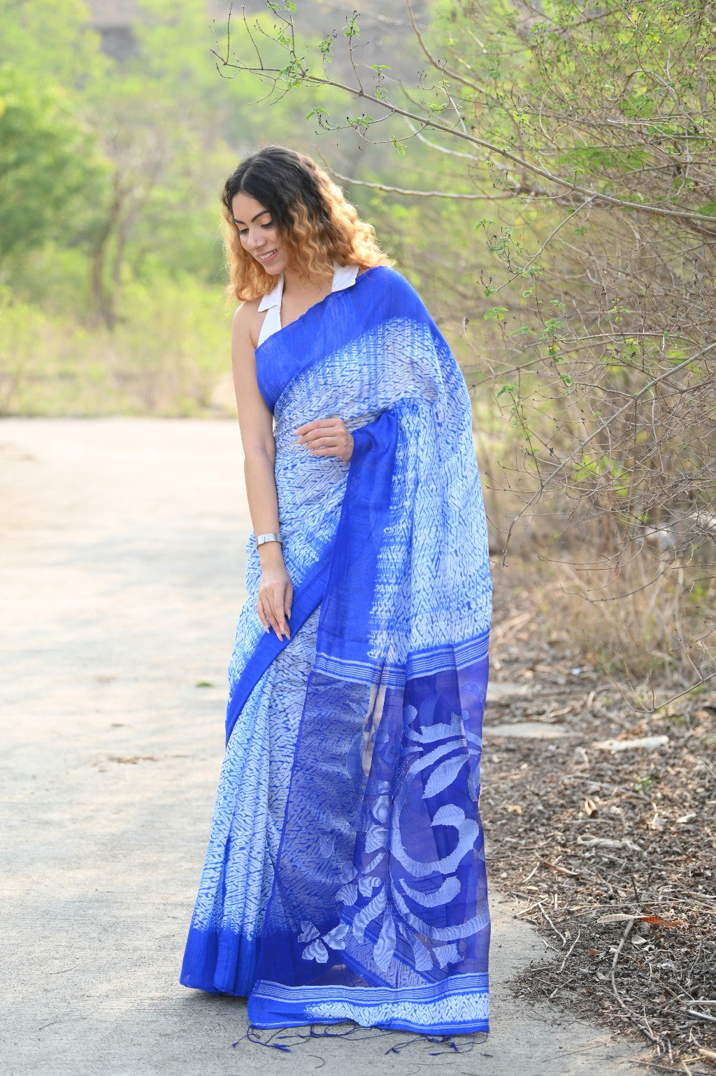 Very Much Indian Pure Matka Silk Handloom Jamdhani with Shibori Tie & Dye (with Silk Mark) - Cerulean Blue | Grocsy