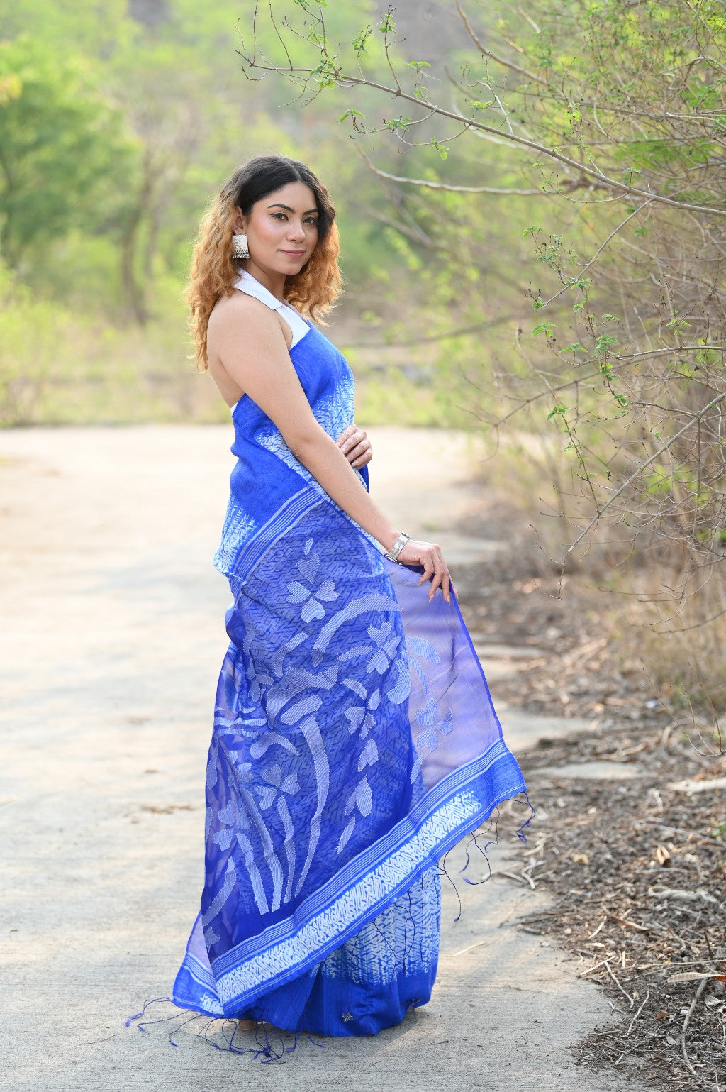 Very Much Indian Pure Matka Silk Handloom Jamdhani with Shibori Tie & Dye (with Silk Mark) - Cerulean Blue | Grocsy