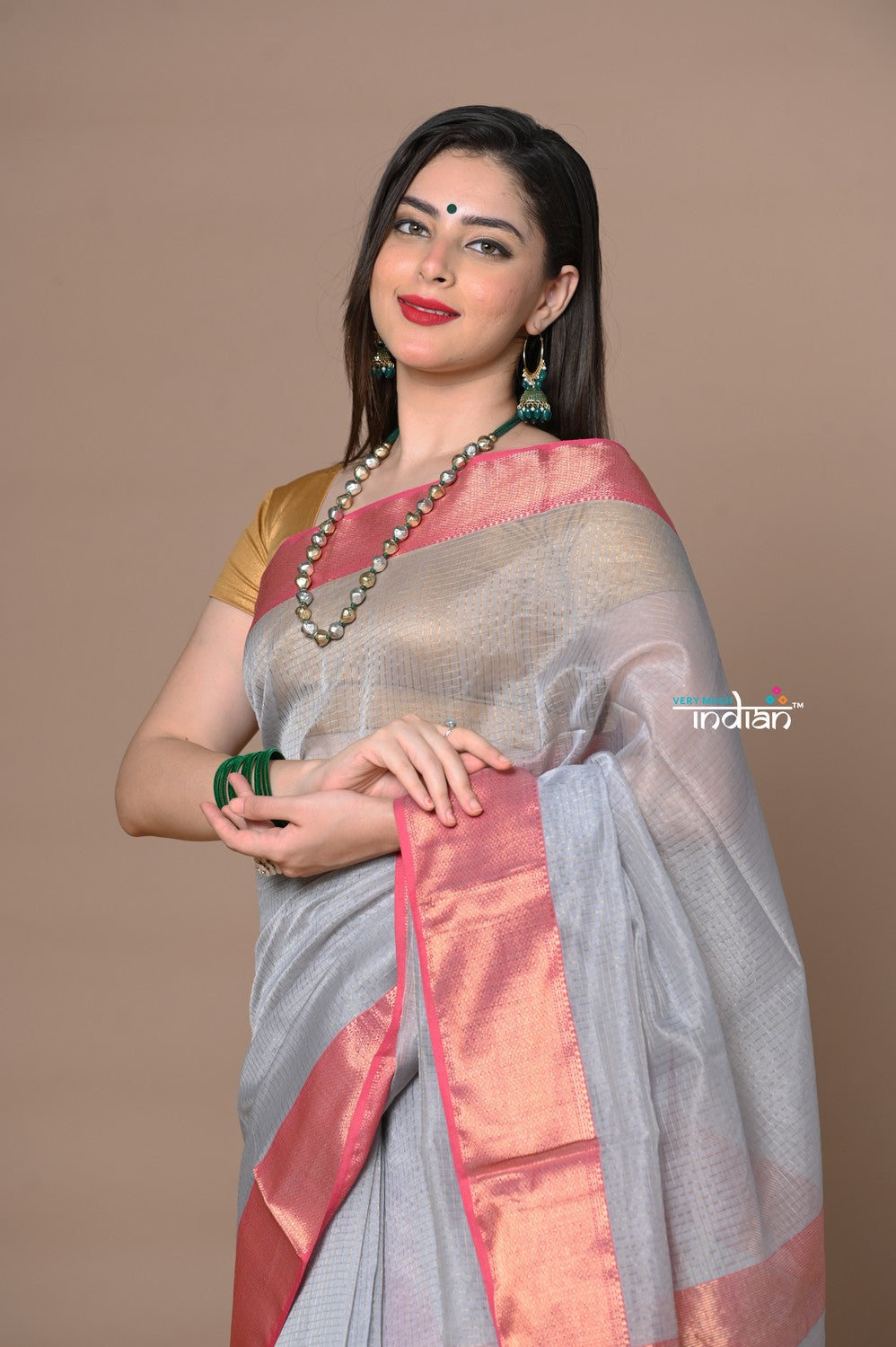 Very Much Indian Rajsi - Handloom Ari Checks Cotton Silk Saree with Golden Border in Grey | Grocsy