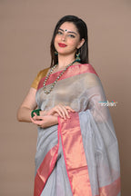 Very Much Indian Rajsi - Handloom Ari Checks Cotton Silk Saree with Golden Border in Grey | Grocsy