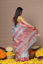 Very Much Indian Rajsi - Handloom Ari Checks Cotton Silk Saree with Golden Border in Grey | Grocsy