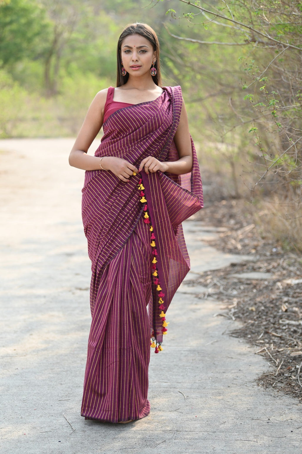 Very Much Indian Designer Pure Cotton Sarees with All over Linear Stripes - Maroon | Grocsy