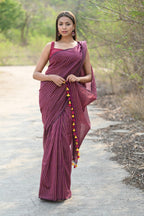 Very Much Indian Designer Pure Cotton Sarees with All over Linear Stripes - Maroon | Grocsy