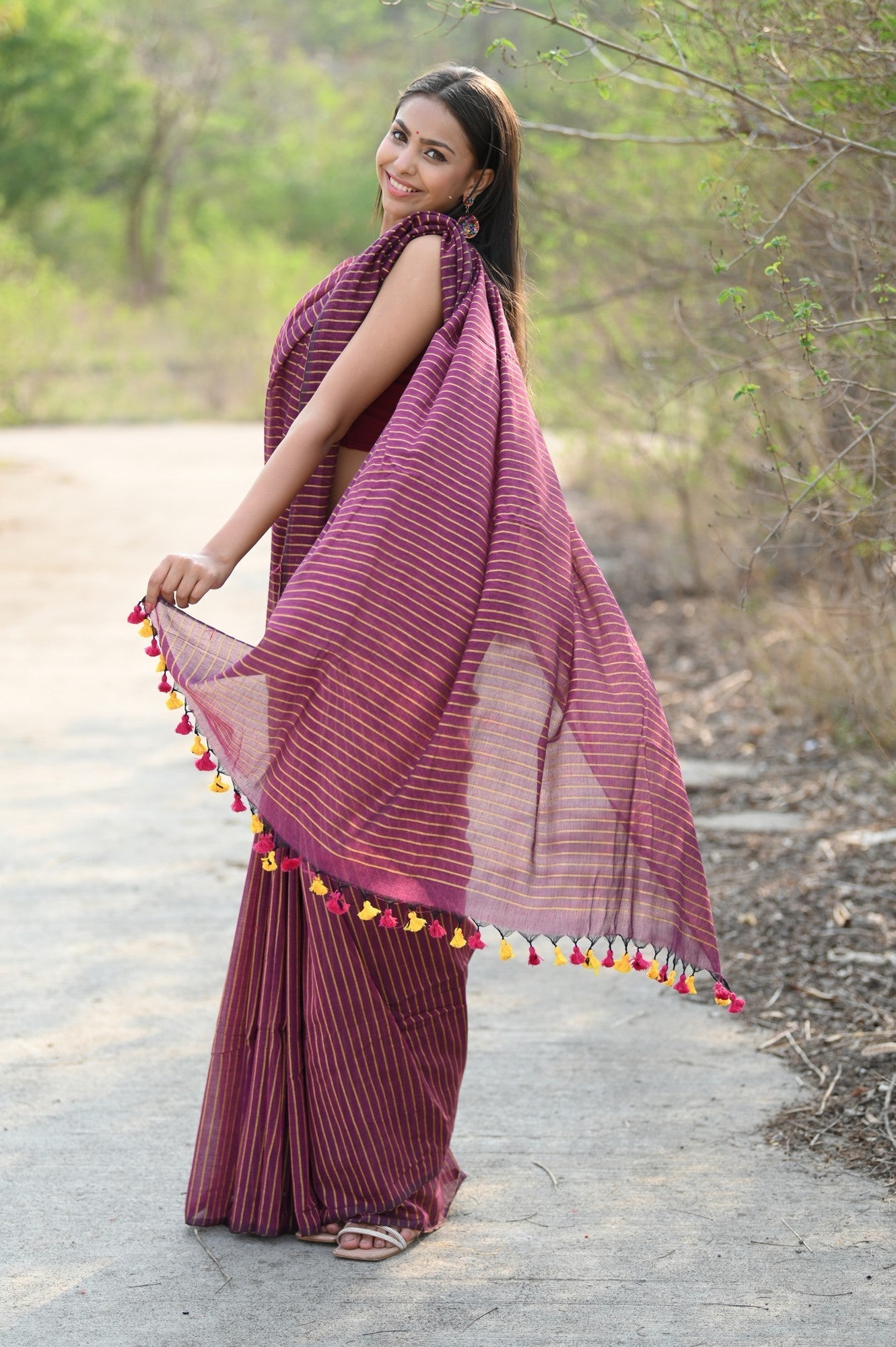 Very Much Indian Designer Pure Cotton Sarees with All over Linear Stripes - Maroon | Grocsy