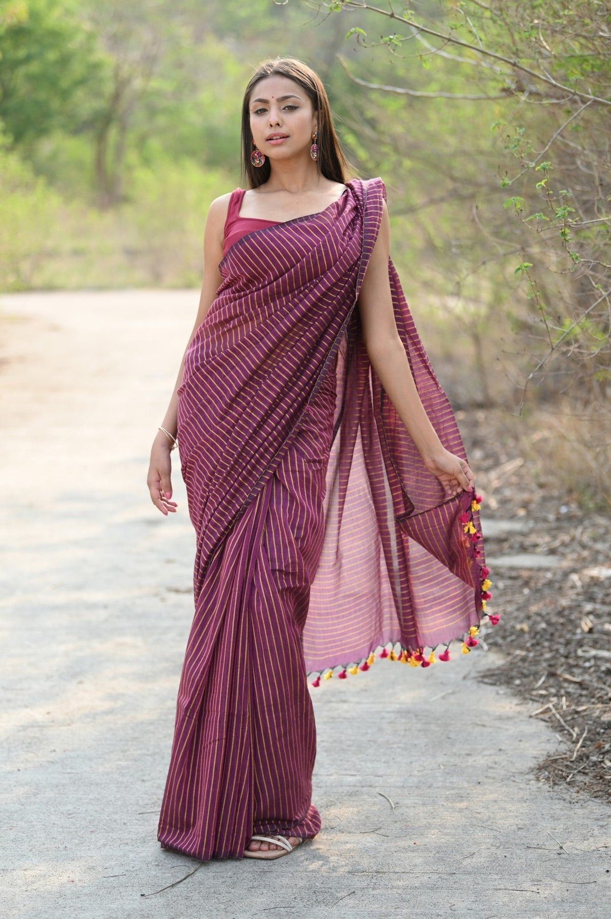 Very Much Indian Designer Pure Cotton Sarees with All over Linear Stripes - Maroon | Grocsy