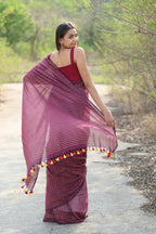 Very Much Indian Designer Pure Cotton Sarees with All over Linear Stripes - Maroon | Grocsy
