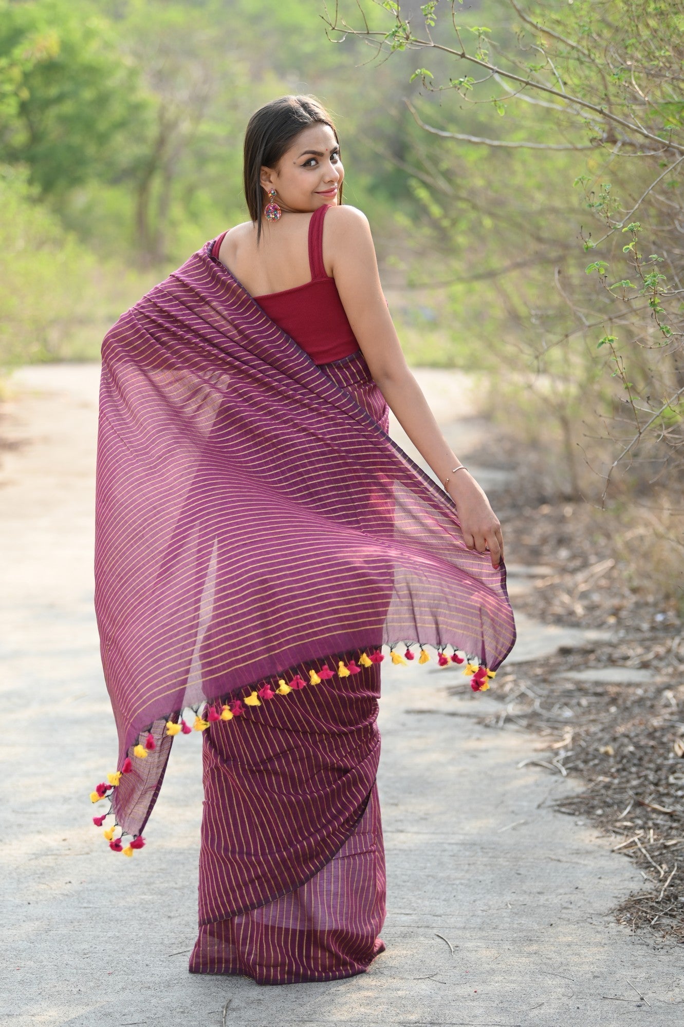 Very Much Indian Designer Pure Cotton Sarees with All over Linear Stripes - Maroon | Grocsy