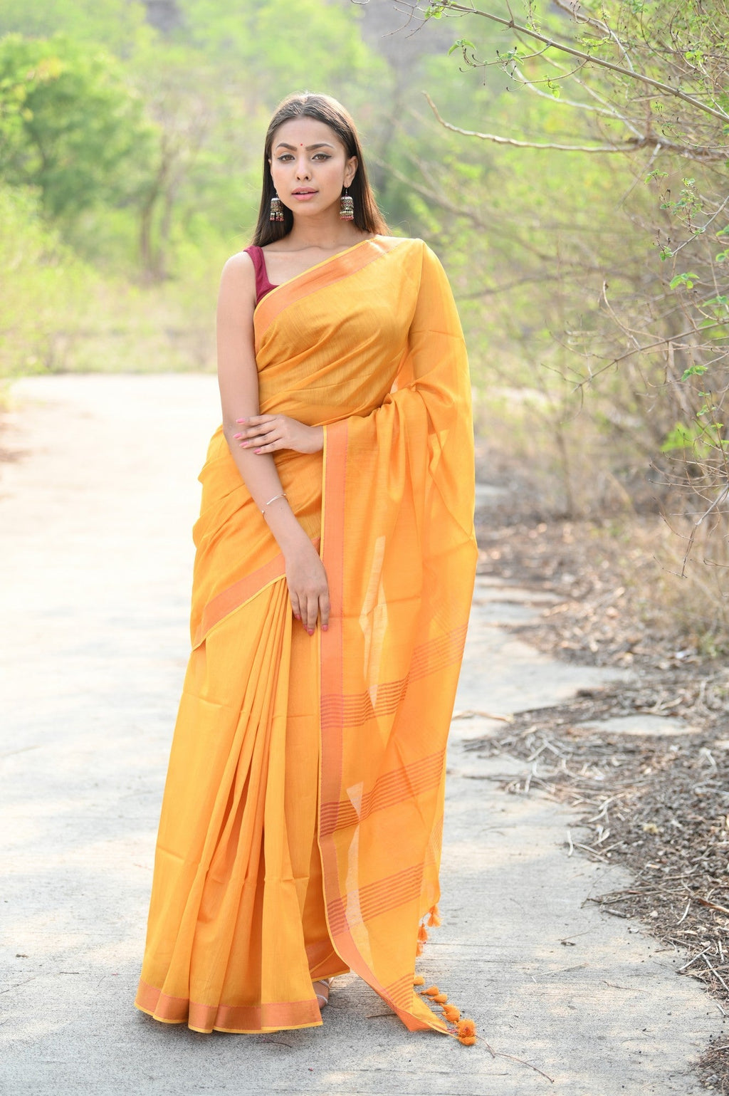Very Much Indian Designer Pure Cotton Sarees with Classic Pallu - bright orange | Grocsy