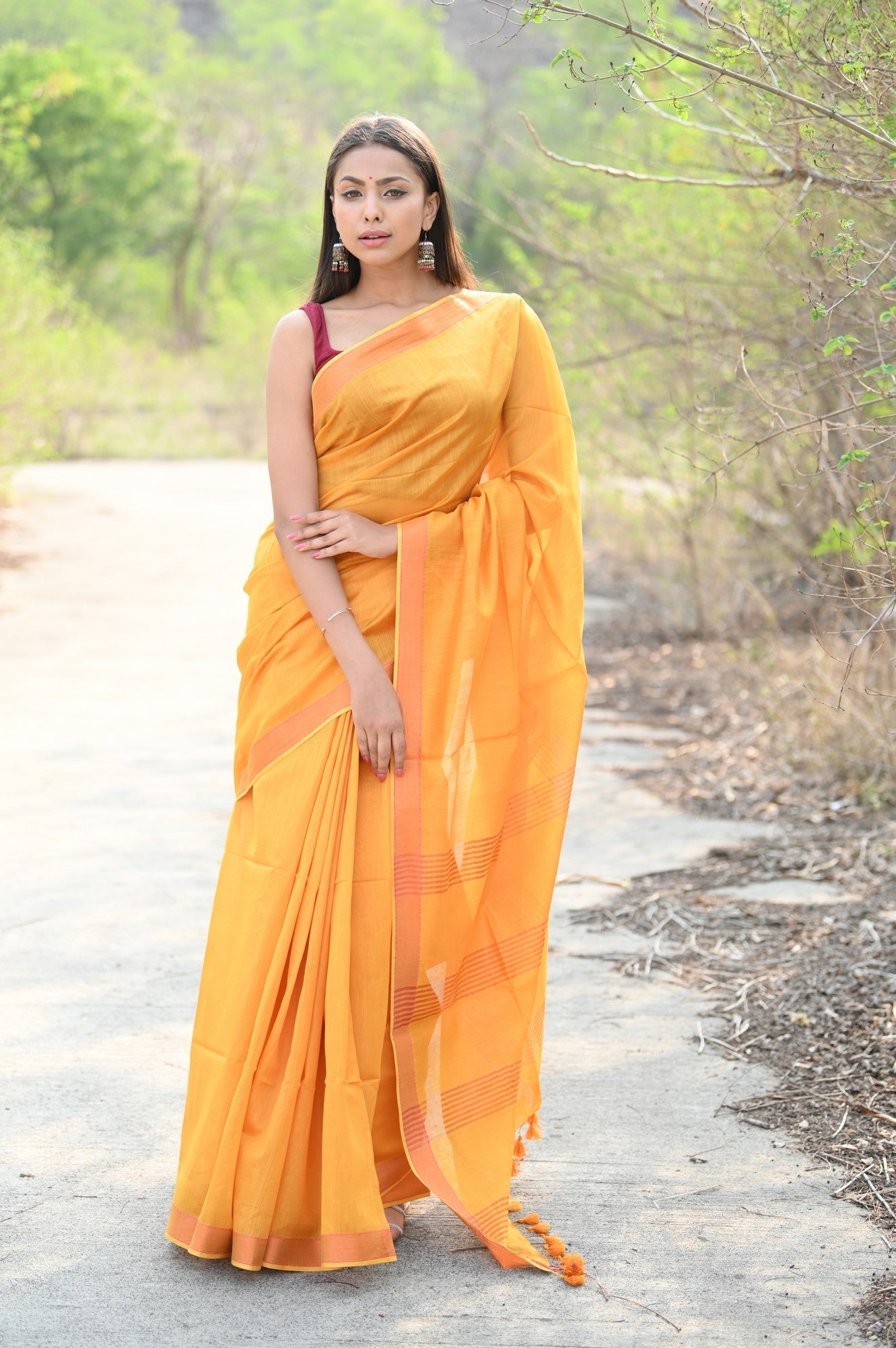 Very Much Indian Designer Pure Cotton Sarees with Classic Pallu - bright orange | Grocsy