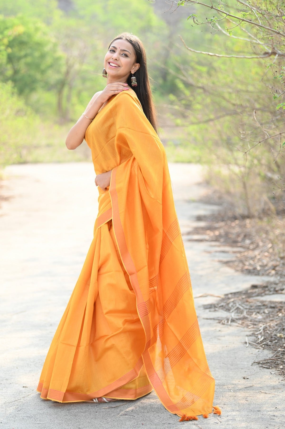 Very Much Indian Designer Pure Cotton Sarees with Classic Pallu - bright orange | Grocsy