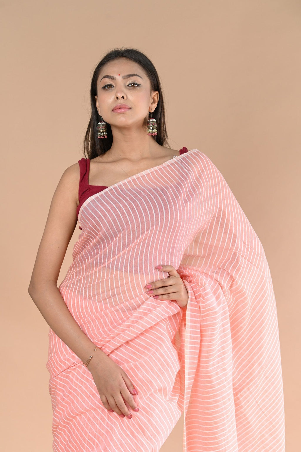 Very Much Indian Designer Pure Cotton Sarees with All over Linear Stripes - Peach | Grocsy
