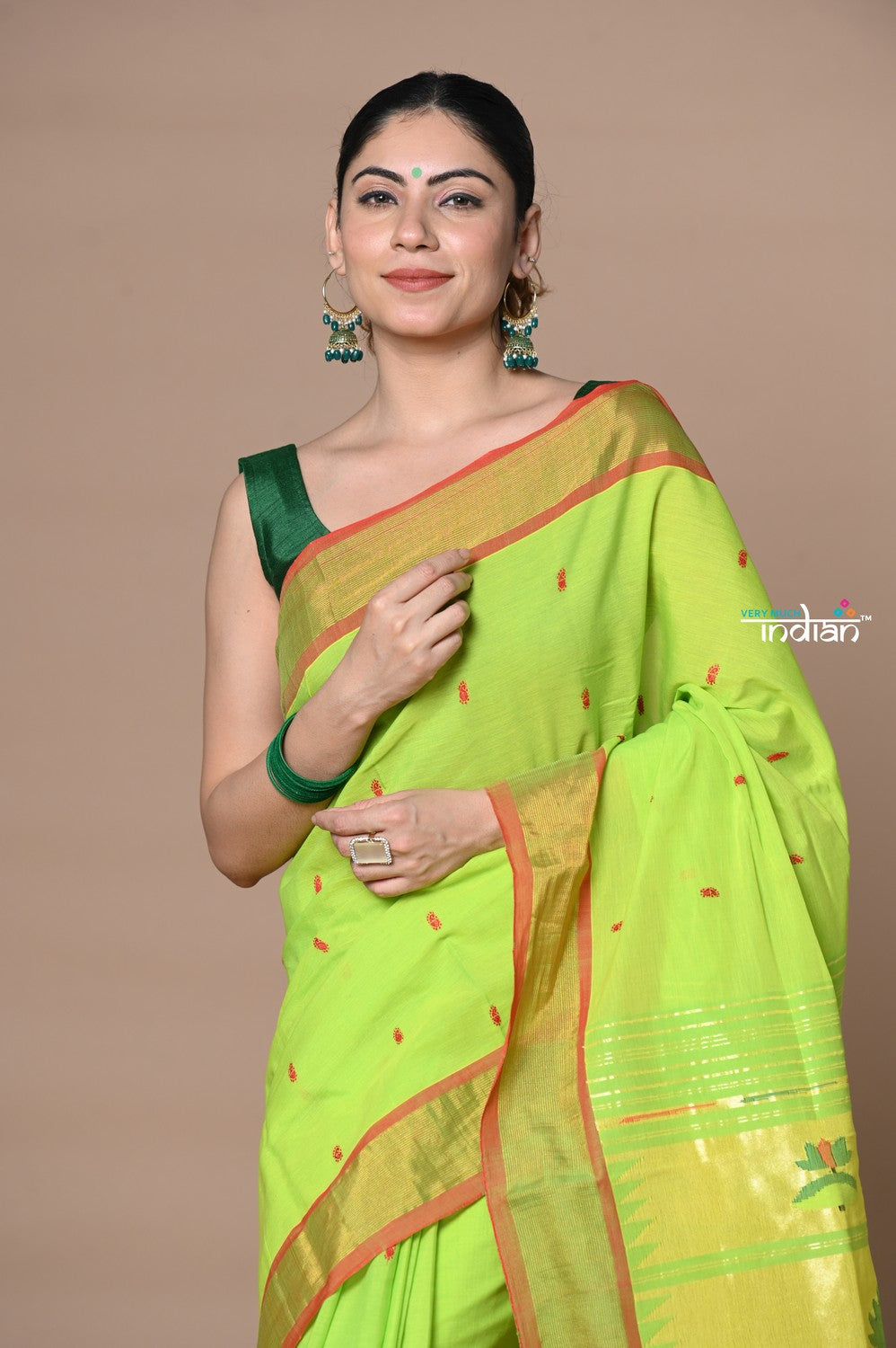 Very Much Indian Rajsi - Handloom Pure Cotton Paithani With Pichwai Pallu - Lime Green | Grocsy