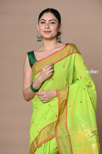 Very Much Indian Rajsi - Handloom Pure Cotton Paithani With Pichwai Pallu - Lime Green | Grocsy