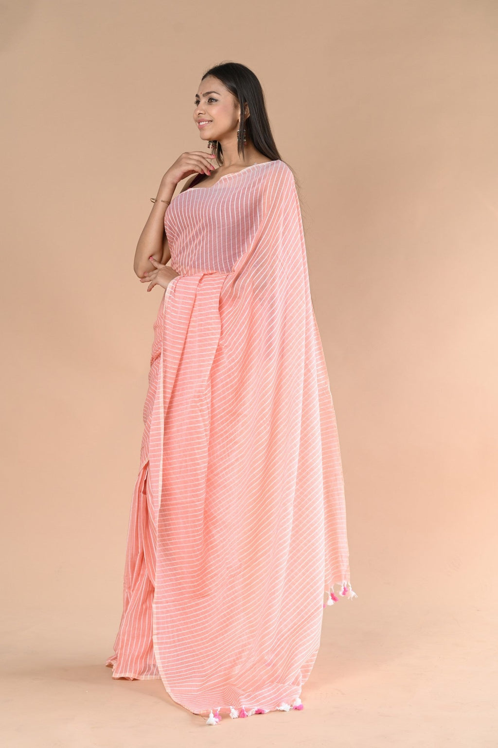Very Much Indian Designer Pure Cotton Sarees with All over Linear Stripes - Peach | Grocsy