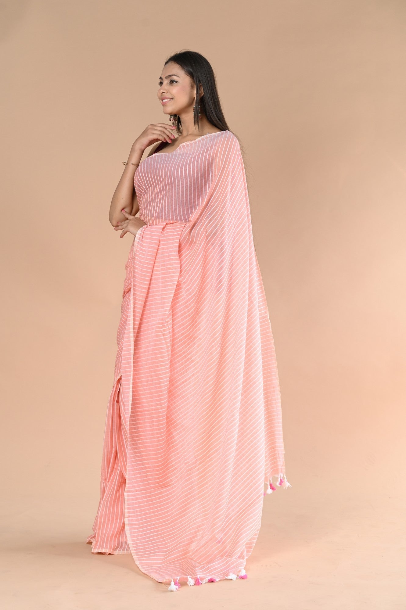 Very Much Indian Designer Pure Cotton Sarees with All over Linear Stripes - Peach | Grocsy
