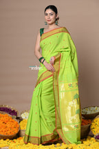 Very Much Indian Rajsi - Handloom Pure Cotton Paithani With Pichwai Pallu - Lime Green | Grocsy