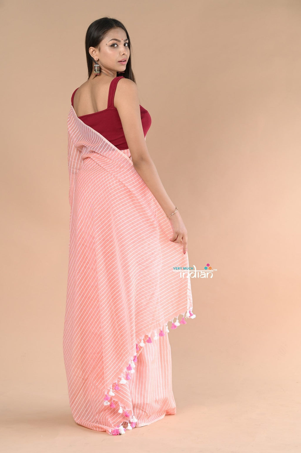 Very Much Indian Designer Pure Cotton Sarees with All over Linear Stripes - Peach | Grocsy