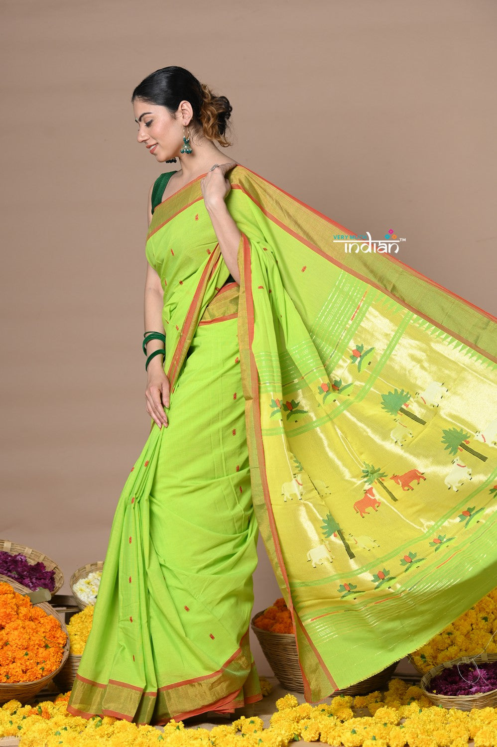 Very Much Indian Rajsi - Handloom Pure Cotton Paithani With Pichwai Pallu - Lime Green | Grocsy