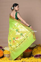 Very Much Indian Rajsi - Handloom Pure Cotton Paithani With Pichwai Pallu - Lime Green | Grocsy