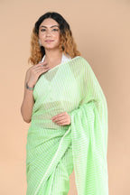 Very Much Indian Designer Pure Cotton Sarees with All over Linear Stripes - fern green | Grocsy