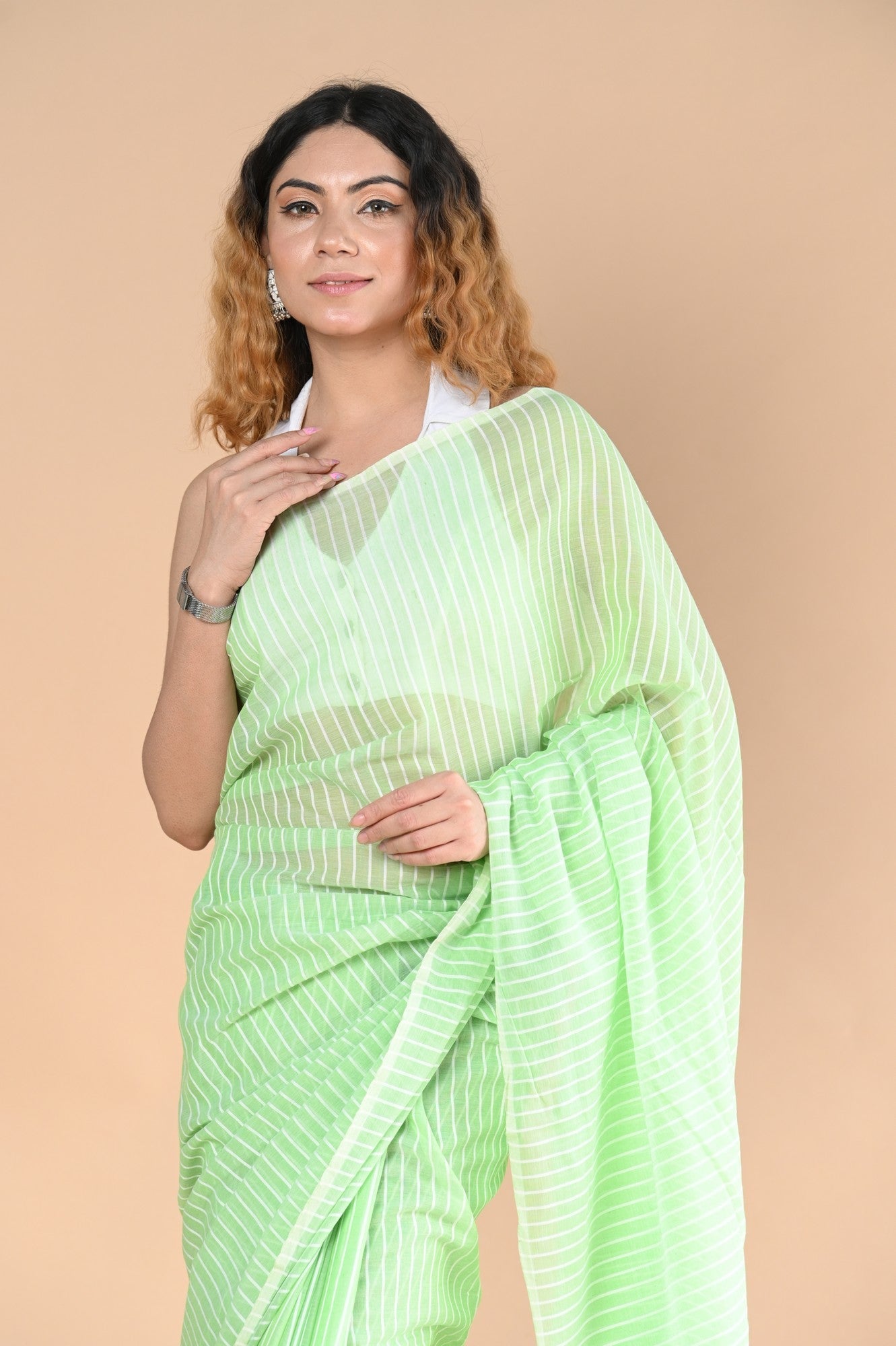 Very Much Indian Designer Pure Cotton Sarees with All over Linear Stripes - fern green | Grocsy