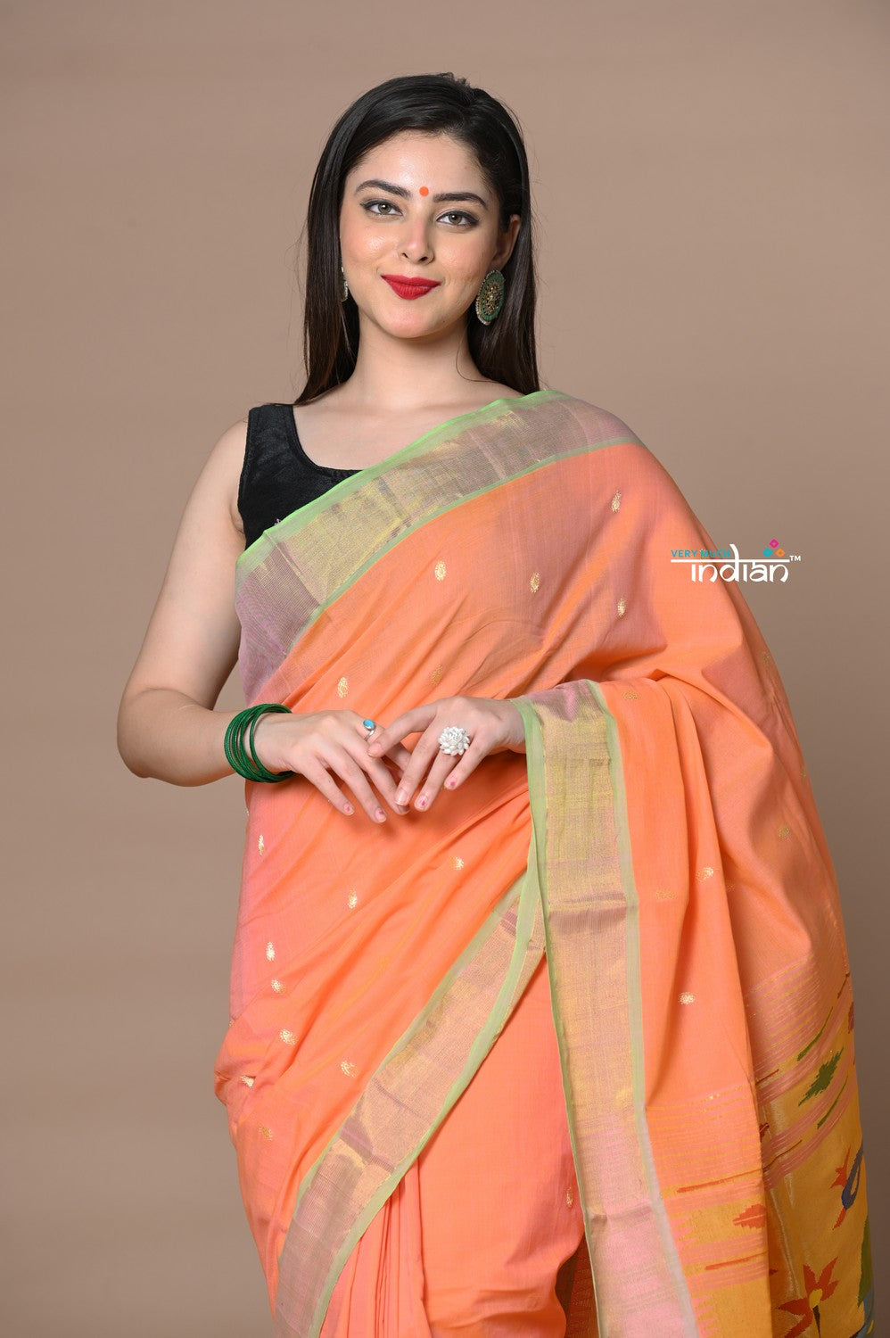 Very Much Indian Rajsi - Handloom Pure Cotton Paithani With Peacock Pallu - Peach | Grocsy