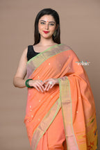 Very Much Indian Rajsi - Handloom Pure Cotton Paithani With Peacock Pallu - Peach | Grocsy